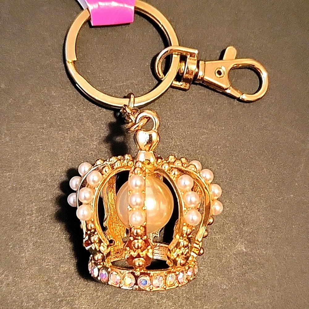 NEW Golden Crown Purse Charm, Crystals and Pearls, 2" x 1.5"